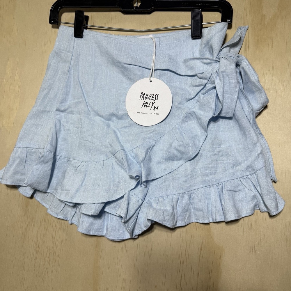Princess Polly Herring Shorts US 4 Blue Wrap Ruffle Tie Waist Linen Blend